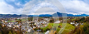 Aerial view houses in Salzburg city background mountain Alps