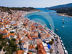 Aerial view of houses and sea Marina in Poros island, Aegean seaÑŽ