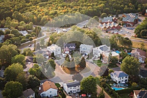 Aerial View of Houses and Streets in Beautiful Residential Neighbourhood During Summer, Montreal, Quebec, Canada