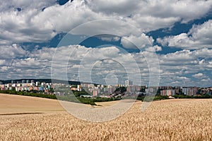 Aerial view of housing estates, in foreground a cereal field