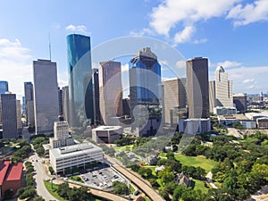 Aerial view Houston downtown and Gulf Freeway at daytime