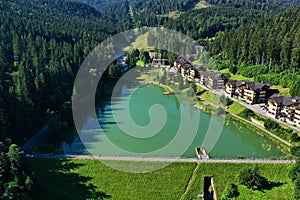 Aerial view of the Hrabovo reservoir in the town of Ruzomberok in Slovakia