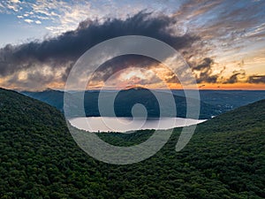 Aerial view of the Hudson River with Storm King Mountain in Upstate New York at sunrise