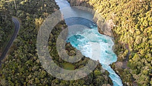 Aerial view of Huka Falls at sunset, Taupo, New Zealand