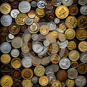 An aerial view of hundreds of gold, silver and copper coins. A pile of coins