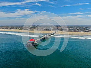 Aerial view of Huntington Pier, beach & coastline