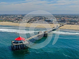 Aerial view of Huntington Pier, beach & coastline