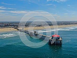 Aerial view of Huntington Pier, beach & coastline