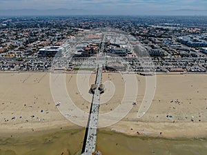 Aerial view of Huntington Pier, beach & coastline