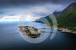 Aerial view of the Husoy fishing village on the Senja Island, Norway