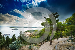 Aerial view of Hvar`s harbor at claudy day. Hvar is one of the most popular tourist destination of Croatia.