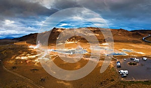 Aerial view of Hverir geothermal area near lake Myvatn in Iceland