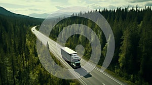 Aerial view of hydrogen truck and electric car on forest highway green transport concept