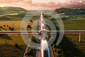 aerial view of a hyperloop train speeding through the landscape