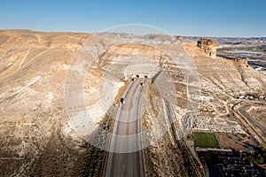 Aerial view of I-80 Twin Tunnels in Green River Wyoming next to Pilot Butte Wild Horse Scenic Loop