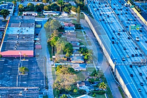 Aerial view of I-95 interstate with sunset traffic, Miami, Florida