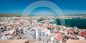 Aerial view of Ibiza old town and fortress, Spain.