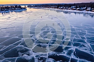 aerial view of ice skaters tracks on frozen lake