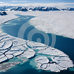 Aerial view of icebergs and ice floes in Antarctica.