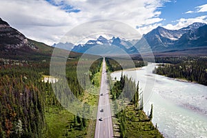 Aerial View of Icefields Parkway Route Between Banff and Jasper in Alberta, Canada