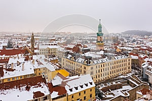 Aerial view about the iconic Fire tower and Sopron city hall