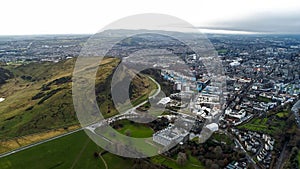 Aerial View Iconic Landmarks Arthur`s Seat Hill in Edinburgh Scotland UK