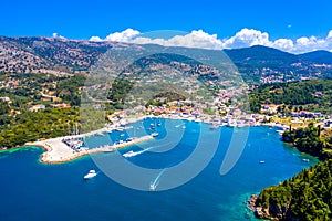 Aerial view of iconic paradise sandy beaches with turquoise sea in complex islands of Agios Nikolaos and Mourtos in Sivota.