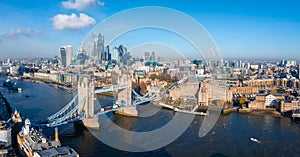 Aerial view of the Iconic Tower Bridge connecting Londong with Southwark