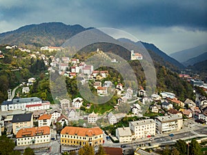 Aerial view of Idrija, small town in western Slovenia