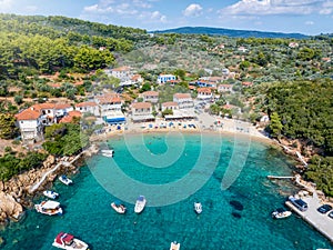 Aerial view of the idyllic fishing village of Katigiorgis, South Pelion
