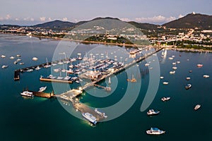 Aerial view of illuminated Chalong Pier in Phuket, Thailand
