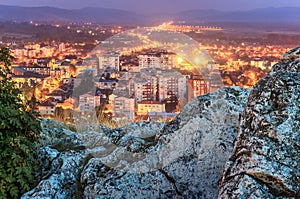 Aerial view of illuminated lights and buildings in Pirot, Serbia