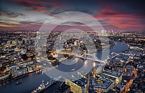 Aerial view of illuminated London, UK, during evening time