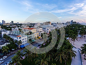 Aerial view of illuminated Ocean Drive and South beach, Miami, Florida, USA