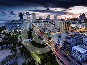 Aerial view of illuminated Ocean Drive and South beach, Miami, Florida, USA