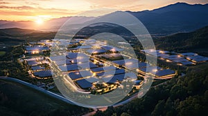 Aerial View of Illuminated Solar Panel Industrial Park at Sunset