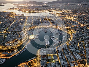 Aerial view of the illuminated Zea Marina in Piraeus, Athens
