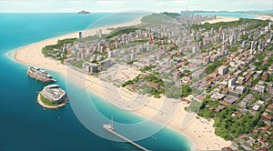 Aerial view illustration of a beautiful beach and city during the day with many tall buildings, hotels, roads and cruise ships