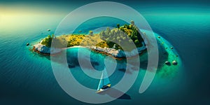 Aerial view.illustration of tropical island and blue smooth sea,ocean and sailboat for Summer holiday or vacation concepts.long