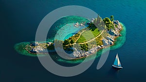 Aerial view.illustration of tropical island and blue smooth sea,ocean and sailboat for Summer holiday or vacation concepts.long