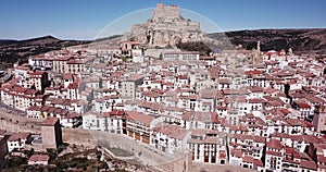 Aerial view of impregnable fortress in medieval village Morella, Spain
