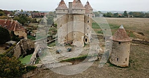 Aerial view of impressive medieval castle of Sarzay located in commune of same name in Indre department, France