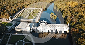 Aerial view of impressive medieval Chateau de Chenonceau with its gardens on Cher River, France
