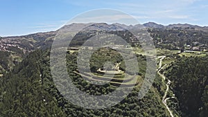 Aerial view of the inca ruins of Sacsayhuaman on the outskirts of Cusco, Peru. Archaeological site of ancient Incan