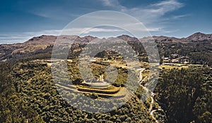 Aerial view of the inca ruins of Sacsayhuaman on the outskirts of Cusco, Peru. Archaeological site of ancient Incan