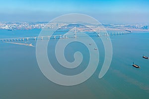 Aerial View of Incheon Bridge from a window of aeroplane, which is  connecting mainland and airport island