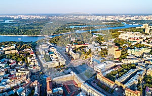 Aerial view of Independence Square - Maidan Nezalezhnosti and other landmarks in Kiev, Ukraine