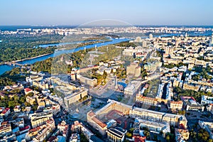 Aerial view of Independence Square - Maidan Nezalezhnosti and other landmarks in Kiev, Ukraine