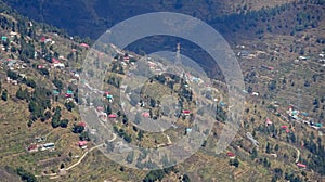 Aerial view of a indian hill village valley meadow