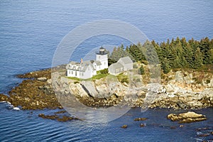 Aerial view of Indian Island Lighthouse in Rockport, Maine